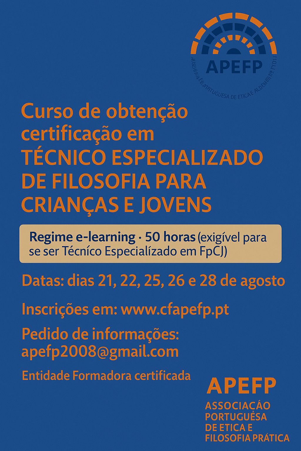 CURSO de Formação de TÉCNICO ESPECIALIZADO EM FILOSOFIA PARA CRIANÇAS E JOVENS - 50 horas em regime e-learning